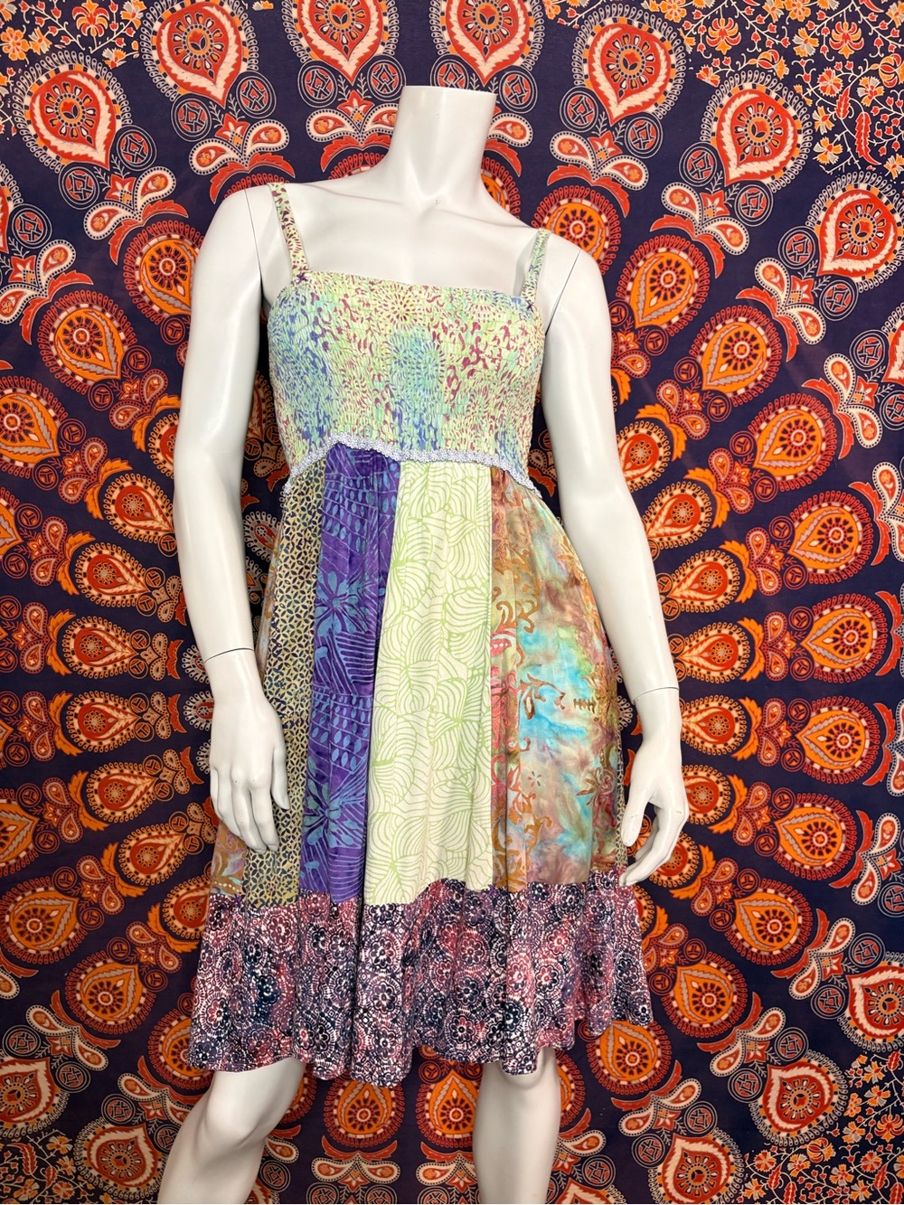 Santiki Multicolor Patchwork Mini Dress with Smocked Bodice